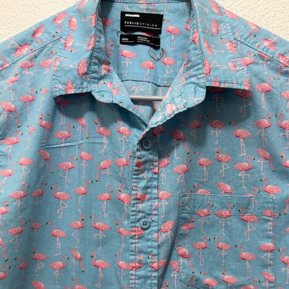 Public Opinion blue button down short sleeve shirt, pink flamingo print, men SM